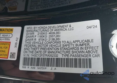 2024 Honda Accord Hybrid Sport from USA, damaged, VIN 1HGCY2F57RA062332
